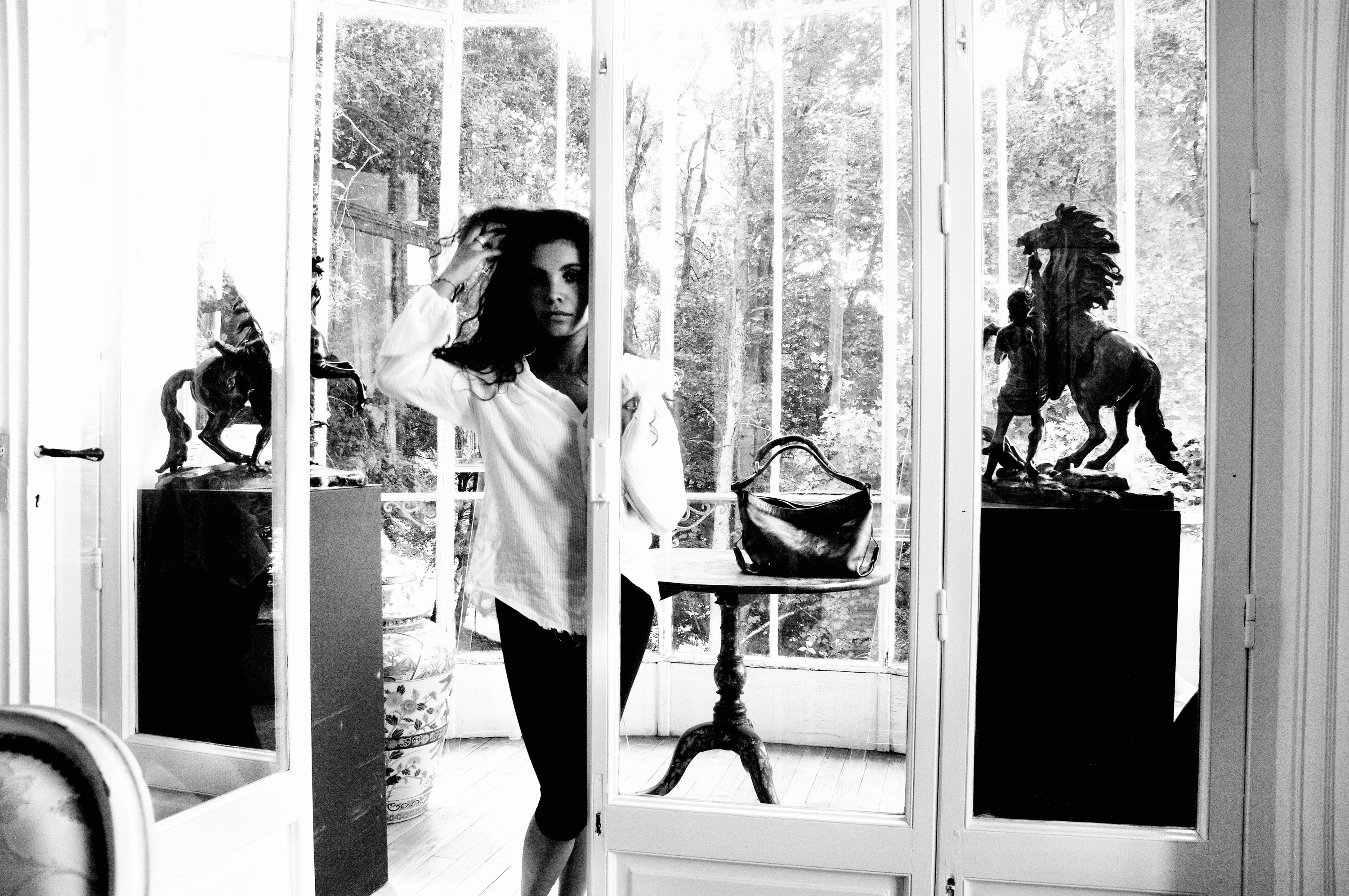 In the salon, between the horse sculptures
