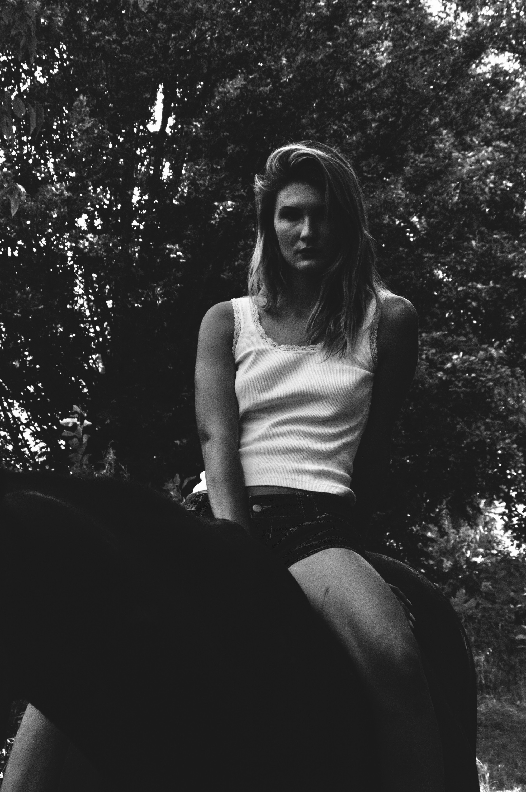 Seated on the wall under the trees