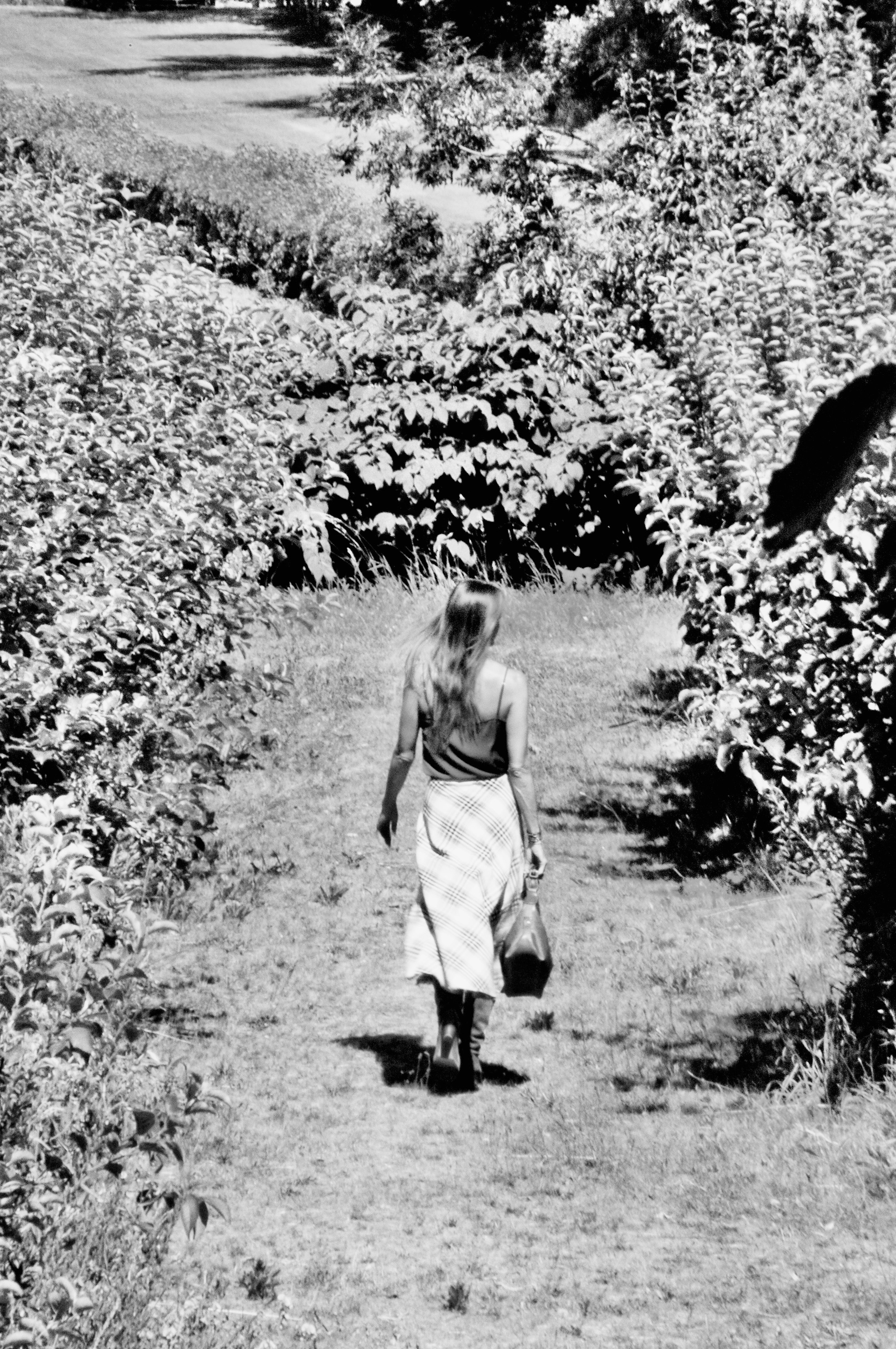 Walking away down the garden path, bag in hand